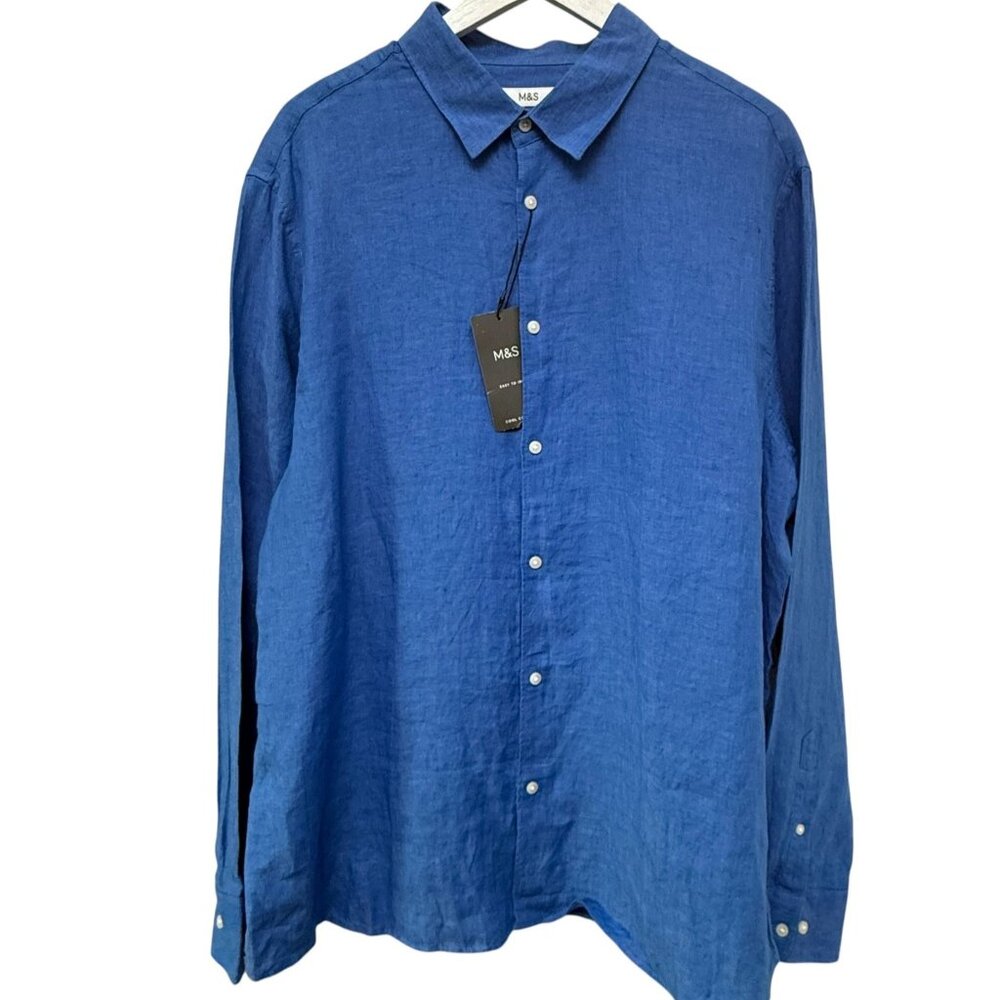 M&S Pure Linen Button Up Shirt Mens XL Cobalt Blue Casual Long Sleeve NWT